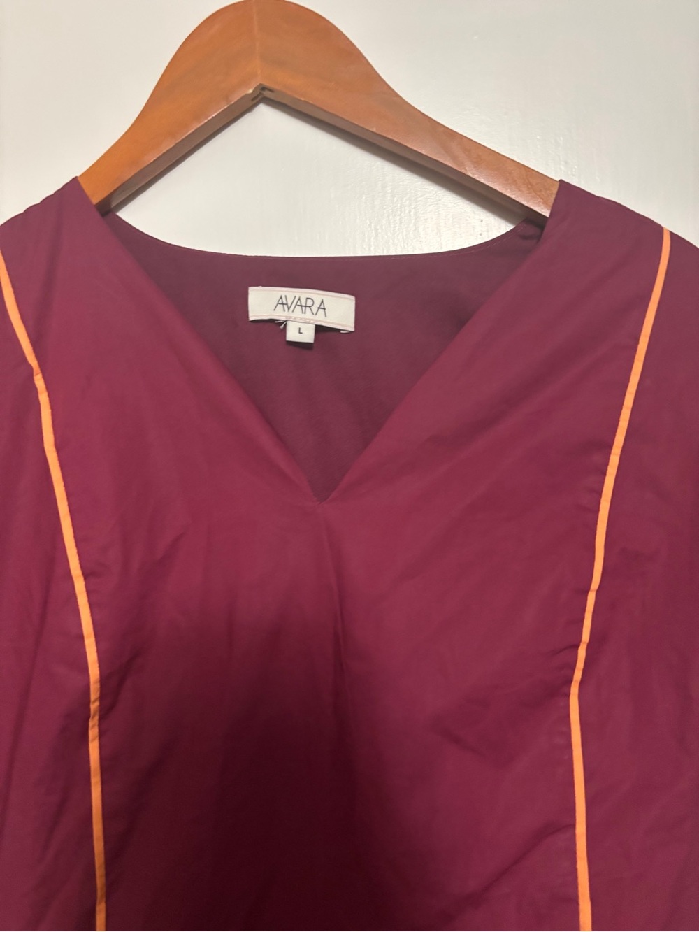 Avara V-Neck Dress Top in Deep Wine with Orange Piping